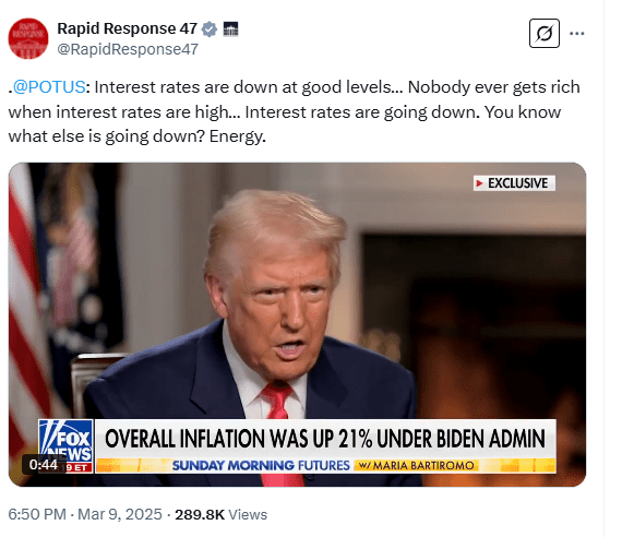 Trump Criticizes High Interest Rates and Inflation Under Biden Administration. Source: Rapid Response 47/X