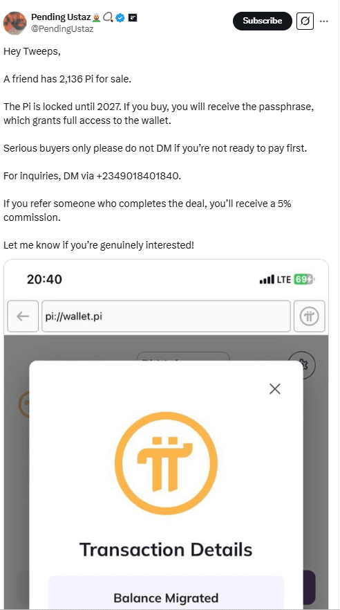 Pi Network User Attempts to Sell 2,136 Locked Pi Coins With Passphrase Access. Source: X (@PendingUstaz)