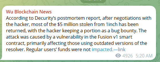 1inch Hacker Returns $5 Million After Negotiations, Keeps Bug Bounty. Source: Wu Blockchain News