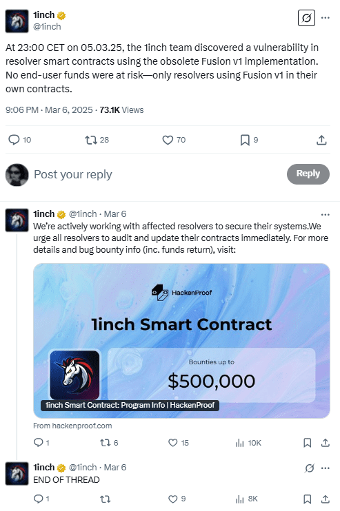 1inch Reveals Fusion v1 Exploit, Urges Contract Updates Amid $5M Breach. Source: 1inch