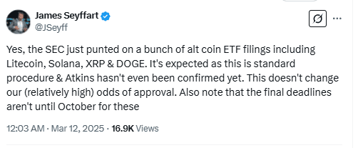 James Seyffart Comments on SEC Delays for XRP, Solana, Litecoin, and Dogecoin ETFs. Source: X (@JSeyff)