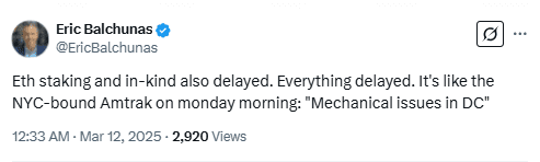 Eric Balchunas Confirms SEC Delays on Ethereum Staking and In-Kind Redemptions. Source: X (@EricBalchunas)