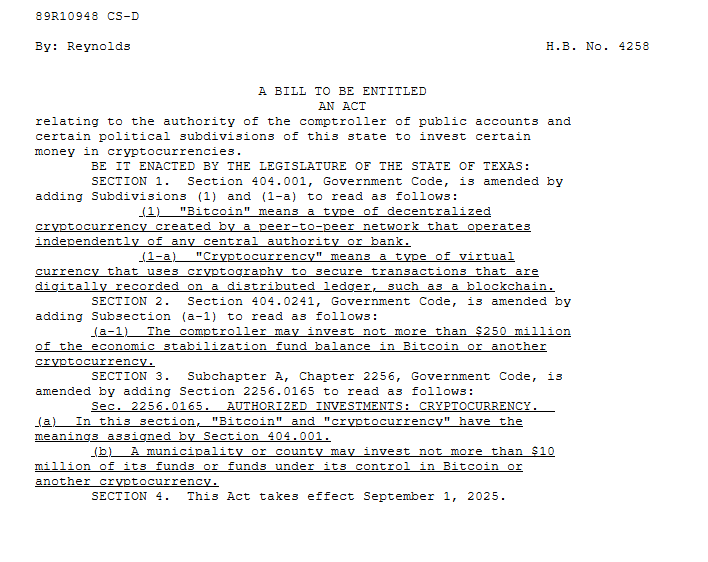 Texas House Bill 4258 Proposes $250 Million Cap on State Bitcoin Investments. Source: Texas Legislature