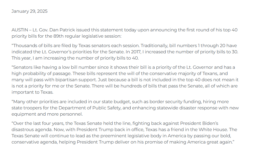 Dan Patrick Texas legislationTexas Senate priority bills 89th legislative session Texas Texas border security funding Texas conservative agenda Texas Senate budget priorities