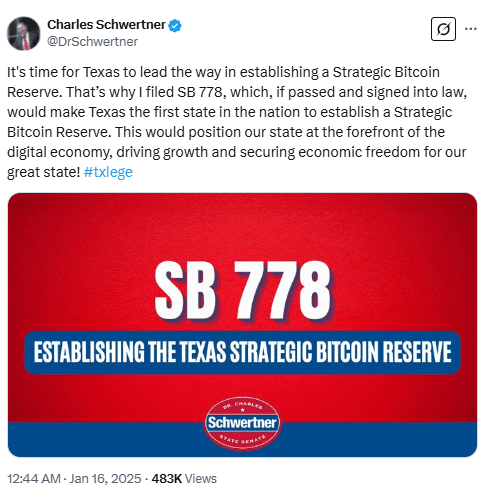 Senator Charles Schwertner Introduces SB 778 to Establish Texas Strategic Bitcoin Reserve. Source: X (@DrSchwertner)