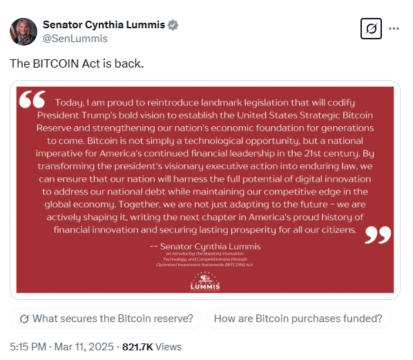 BITCOIN Act legislationCynthia Lummis Bitcoin bill U.S. Strategic Bitcoin Reserve Federal Bitcoin investment Bitcoin national policy Cryptocurrency regulation U.S.