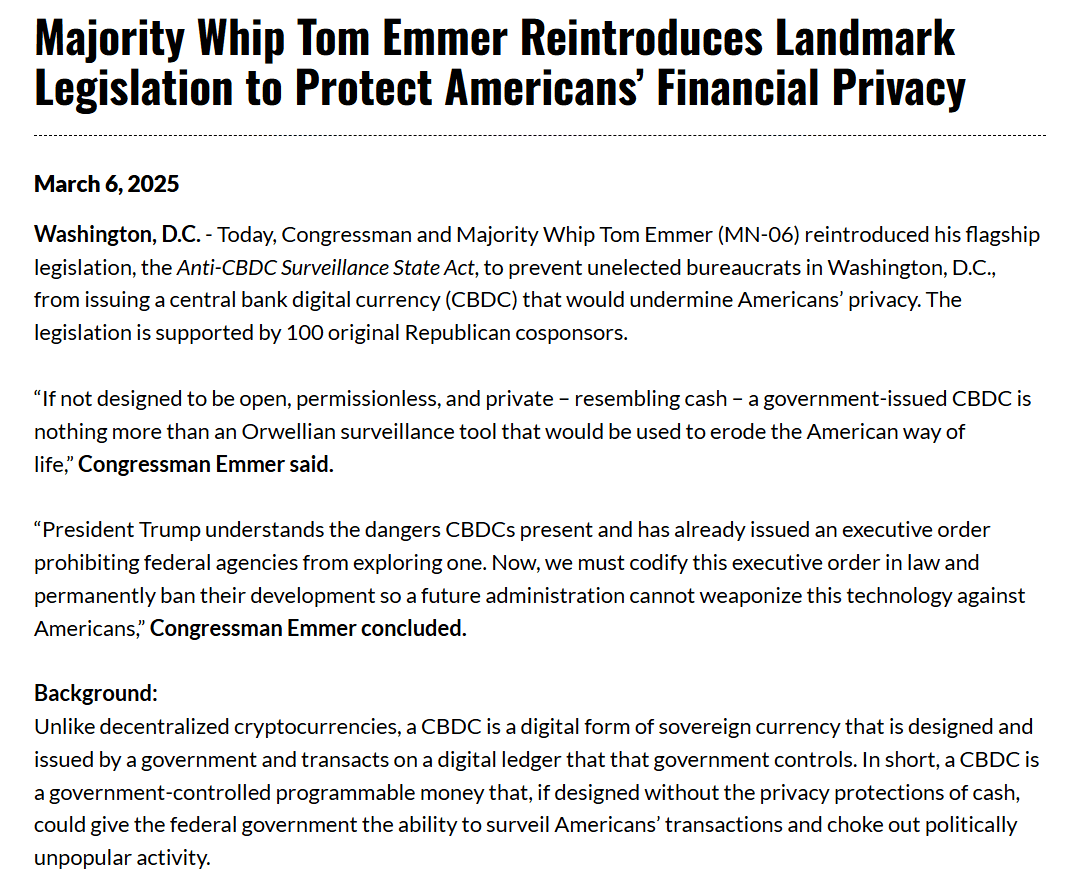 Tom Emmer Reintroduces Anti-CBDC Surveillance Bill to Protect Financial Privacy. Source: emmer.house.gov