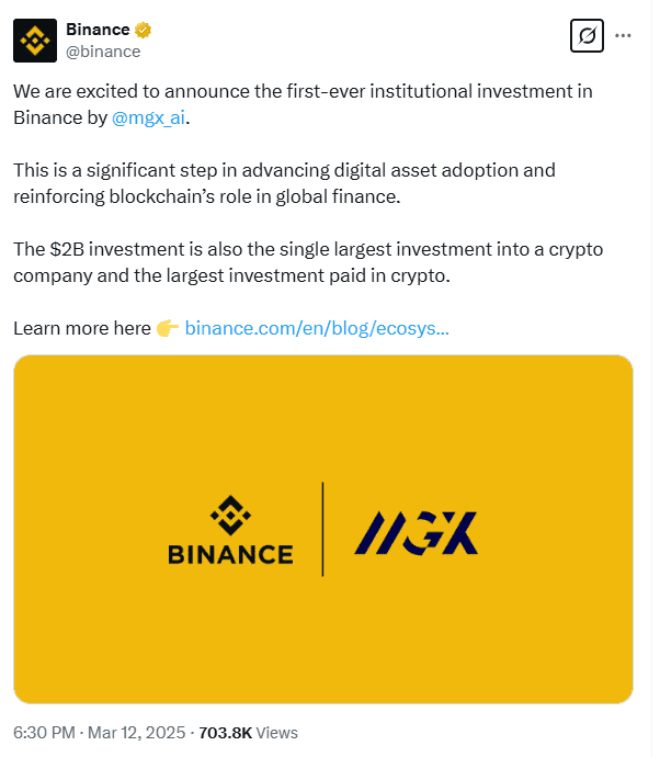 Binance Secures First $2B Institutional Investment from MGX in Stablecoins. Source: Binance