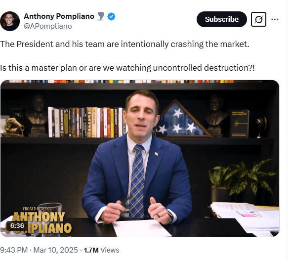 Anthony Pompliano Questions Market Stability, Suggests Presidential Influence on Financial Downturn. Source: X (@APompliano)