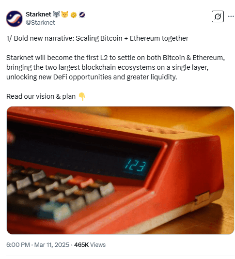 Starknet Plans Bitcoin and Ethereum Layer-2 Settlement. Source: Starknet