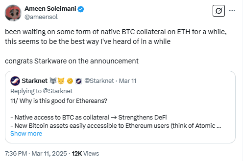 Ameen Soleimani Reacts to Starknet’s Bitcoin Collateral on Ethereum. Source: Ameen Soleimani