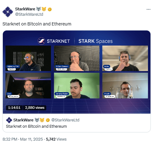 StarkWare Team Discusses Bitcoin and Ethereum Layer-2 on Starknet Spaces. Source: StarkWare