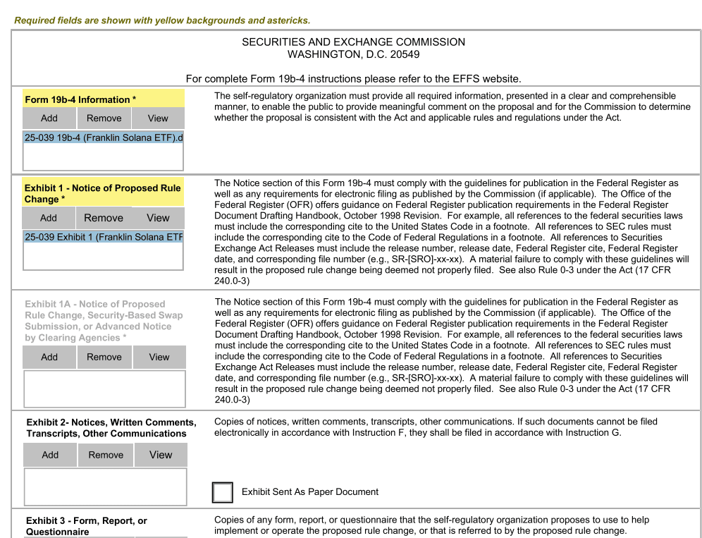 Franklin Templeton Solana ETF SEC Filing Details: Cboe BZX Submits Form 19b-4 for Rule Change Approval. Source: SEC