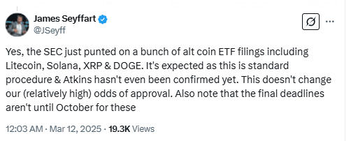 SEC Delays Altcoin ETF Decisions: Bloomberg Analyst James Seyffart Weighs in on Solana, XRP, DOGE, and Litecoin. Source: X (@JSeyff)