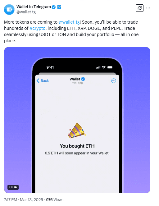 Telegram Wallet Expands Crypto Trading: ETH, XRP, DOGE, and PEPE Now Available. Source: Wallet in Telegram