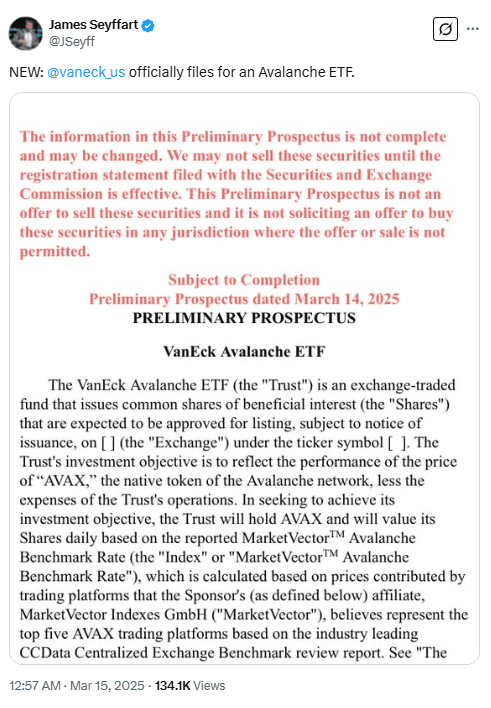VanEck Files for Avalanche ETF with SEC, Bloomberg Analyst Confirms. Source: James Seyffart