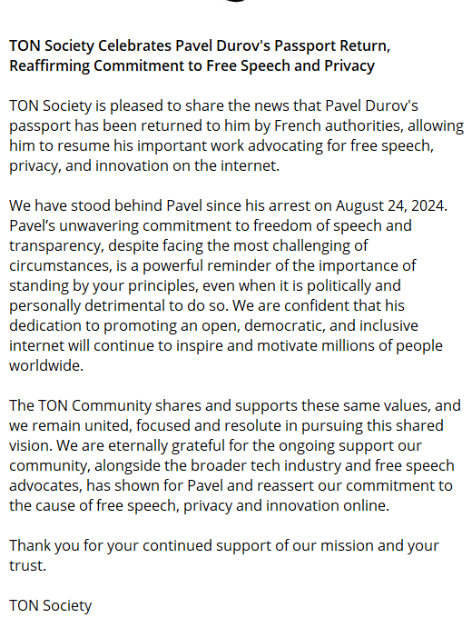 TON Society Supports Pavel Durov After Passport Return Amid Legal Battle. Source: TON Society