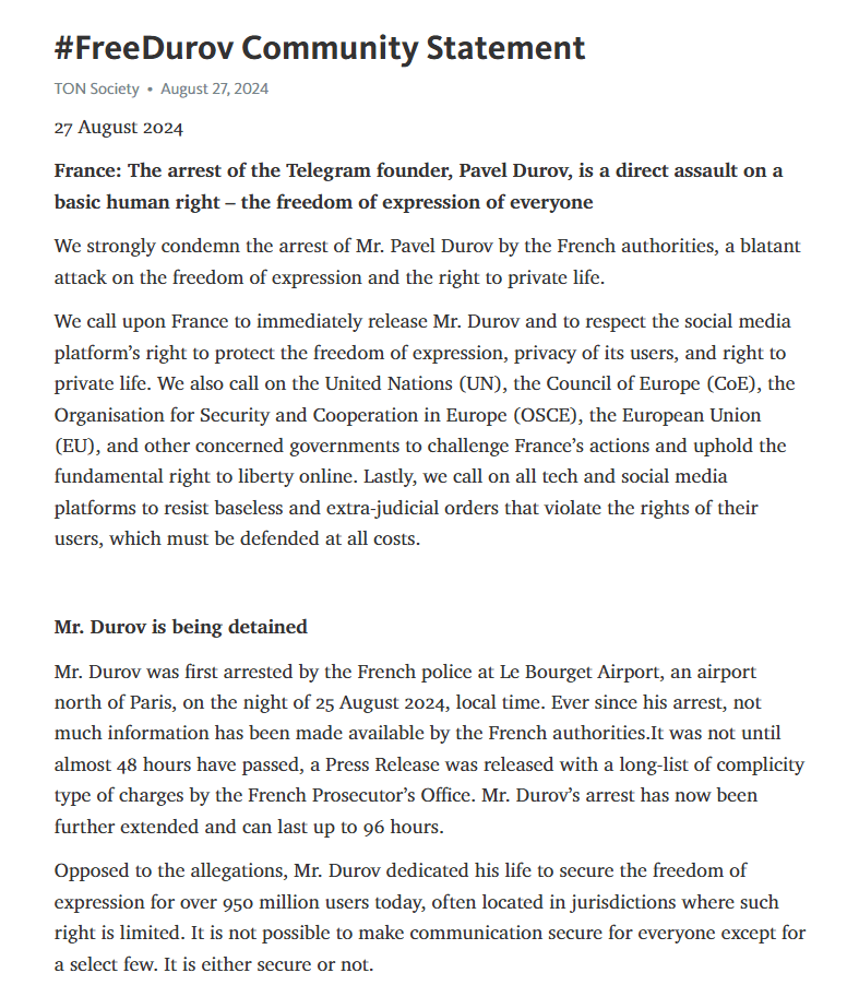 TON Society Condemns Pavel Durov’s Arrest, Calls for International Action. Source: TON Society