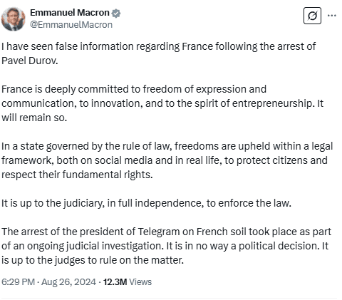 Emmanuel Macron Denies Political Motives Behind Pavel Durov’s Arrest in France. Source: Emmanuel Macron