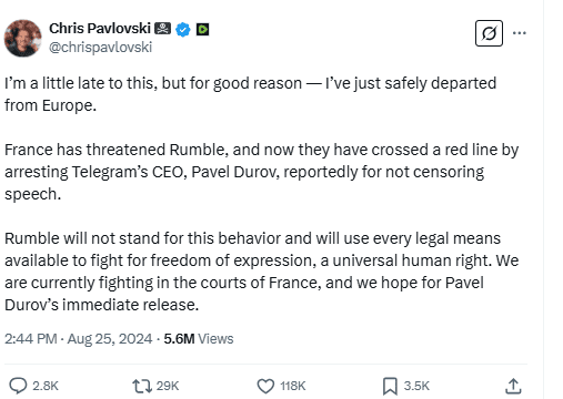 Chris Pavlovski Condemns France Over Pavel Durov’s Arrest, Defends Free Speech. Source: Chris Pavlovski