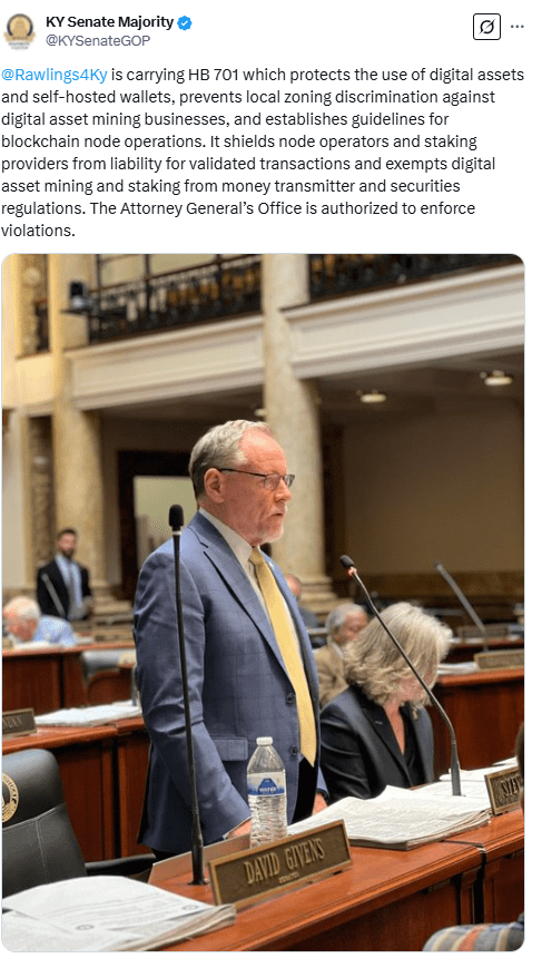 Kentucky Senator Advocates for HB 701 to Protect Bitcoin Self-Custody and Mining Rights. Source: KY Senate Majority