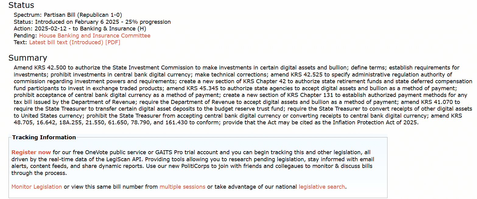 Kentucky's Inflation Protection Act 2025 Aims to Ban CBDCs and Support Digital Asset Payments. Source: LegiScan