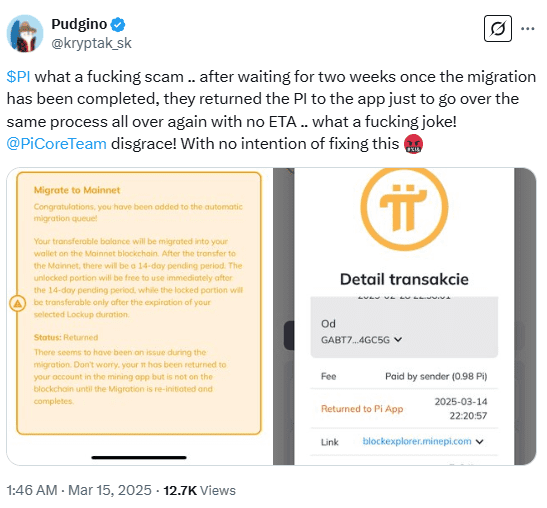 Pi Coin Migration Fails Again as Users Call It a Scam. Source: X (@kryptak_sk)