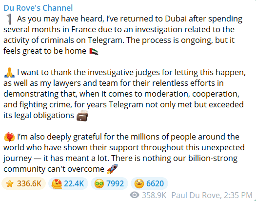 Pavel Durov Returns to Dubai, Shares Statement on Telegram Investigation. Source: Telegram