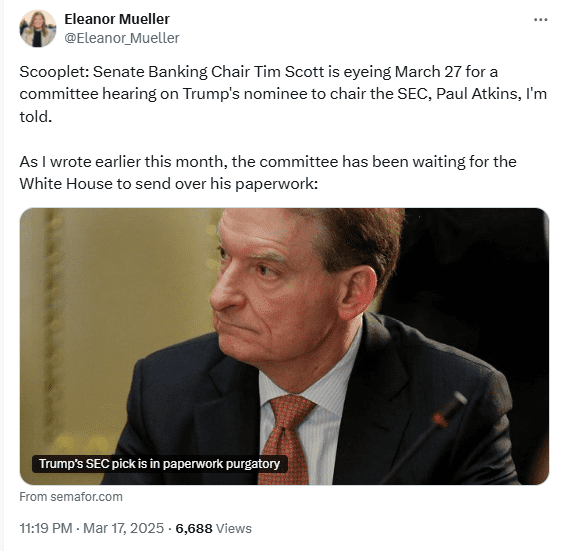 Paul Atkins’ SEC Chair Nomination Stalled as Senate Awaits White House Paperwork. Source: Semafor