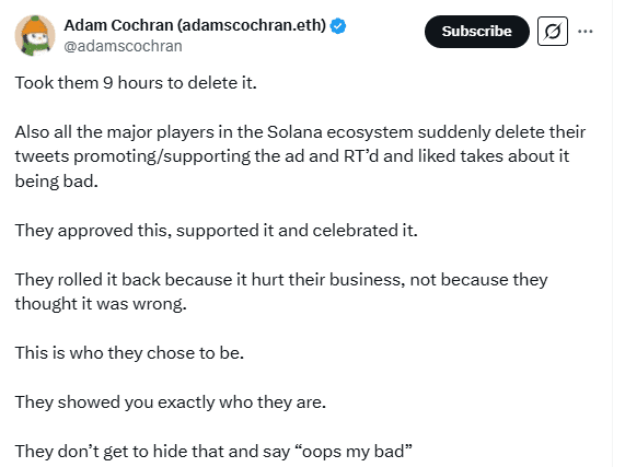 Adam Cochran Criticizes Solana for Deleting Ad After Backlash. Source: Adam Cochran