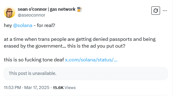 Sean O’Connor Calls Out Solana for Controversial Ad After Backlash. Source: Sean O’Connor
