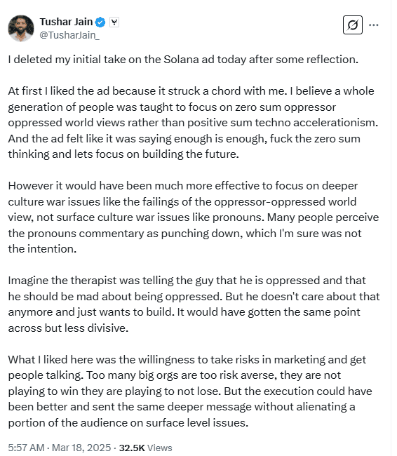 Tushar Jain Revises Opinion on Solana Ad, Criticizing Its Execution. Source: Tushar Jain