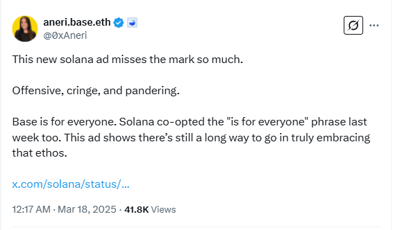 Aneri Criticizes Solana Ad for Being Offensive and Misaligned with Inclusivity. Source: Aneri
