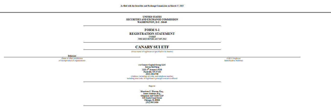 Canary Sui ETF SEC Filing Document. Source: U.S. Securities and Exchange Commission