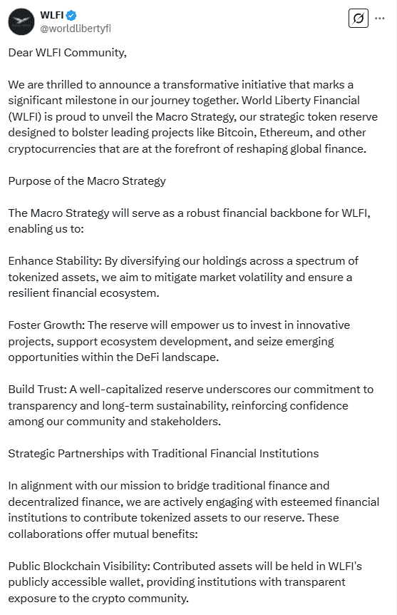 World Liberty Financial Announces Macro Strategy Token Reserve. Source: X (@worldlibertyfi)