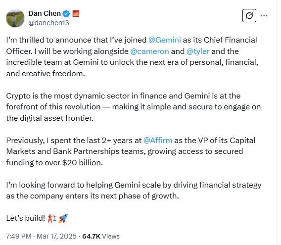 Dan Chen Announces CFO Role at Gemini, Highlights Growth Strategy. Source: X