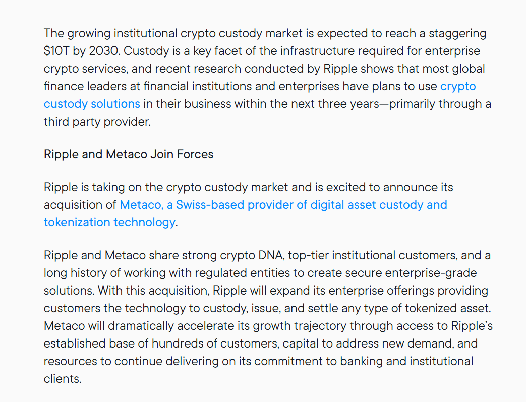 Ripple Expands Crypto Custody Market With Metaco Acquisition. Source: Ripple
