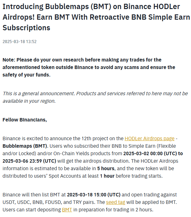 Binance Confirms BMT Crypto Listing and HODLer Airdrops in Official Announcement. Source: Binance