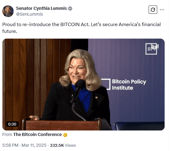 Senator Cynthia Lummis Announces Reintroduction of the BITCOIN Act at Bitcoin Policy Institute. Source: X (@SenLummis)