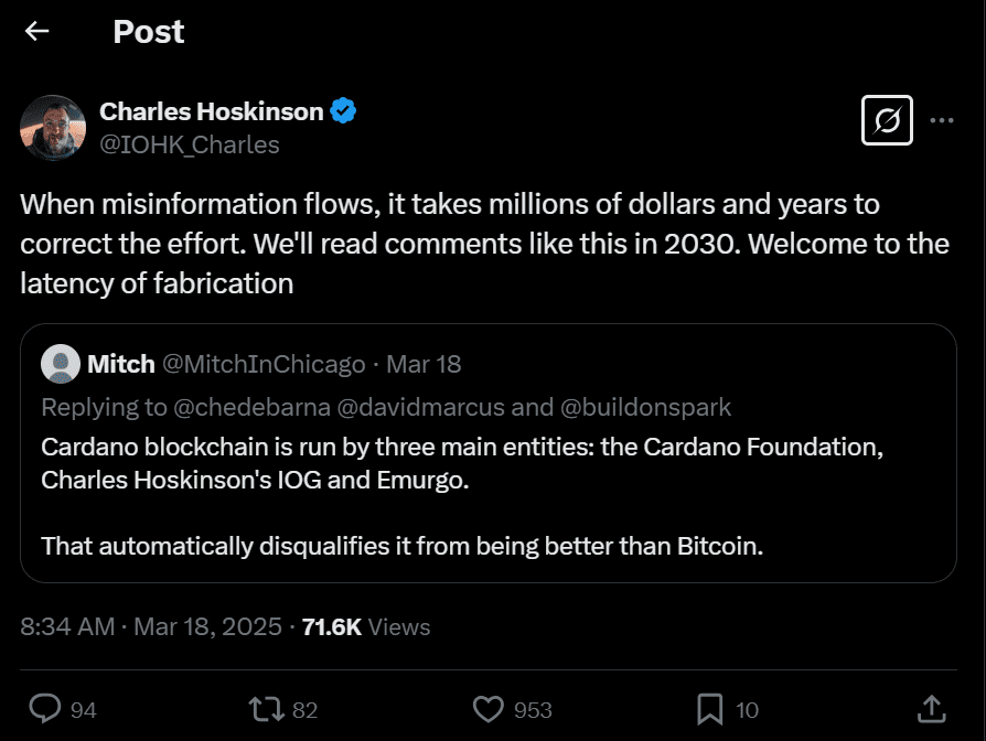 Charles Hoskinson Defends Cardano Against Misinformation. Source: Charles Hoskinson
