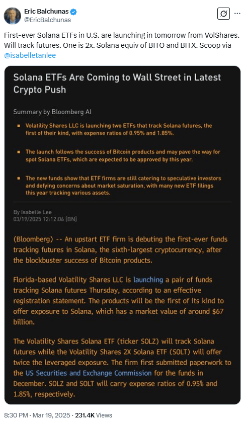 First Solana ETFs Launch in the U.S. as Volatility Shares Introduces SOLZ and SOLT. Source: Eric Balchunas