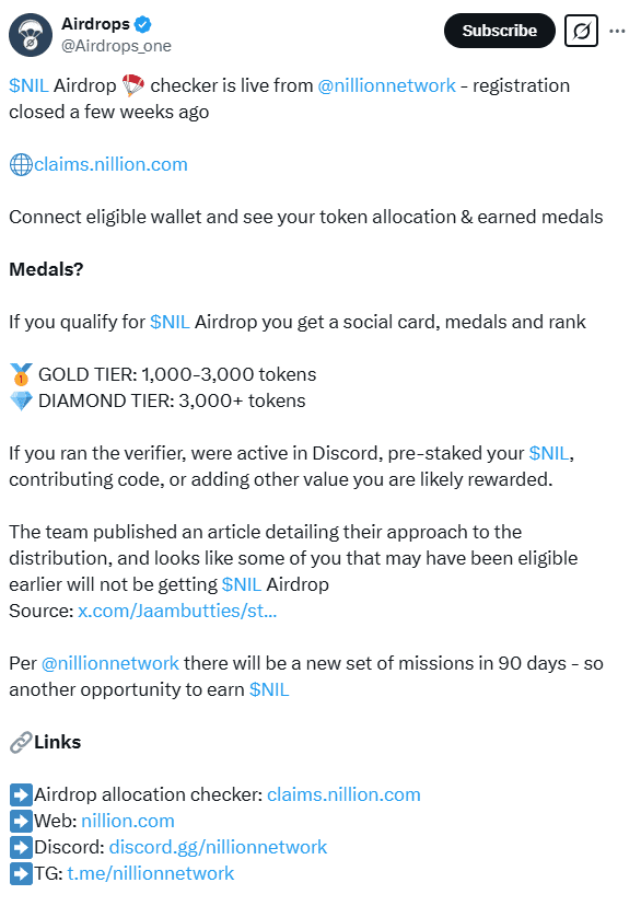 Nillion (NIL) Airdrop Checker Goes Live with Token Allocation Details. Source: Airdrops One