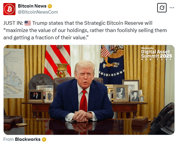 Trump Announces Strategic Bitcoin Reserve Plan at Blockworks Digital Asset Summit 2025. Source: Blockworks