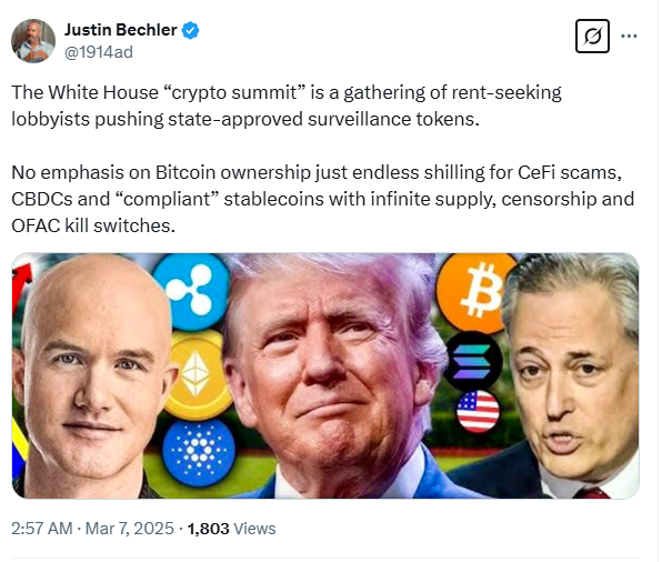 Criticism of White House Crypto Summit by Justin Bechler Over Stablecoins and CBDCs. Source: X
