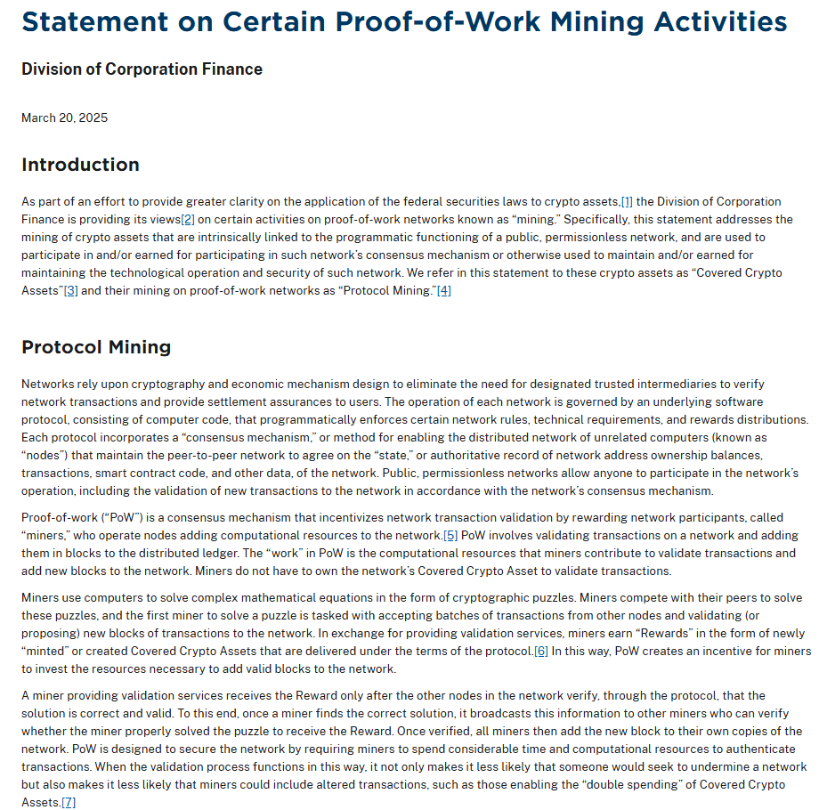 SEC Statement on Proof-of-Work Mining Activities and Covered Crypto Assets. Source: SEC