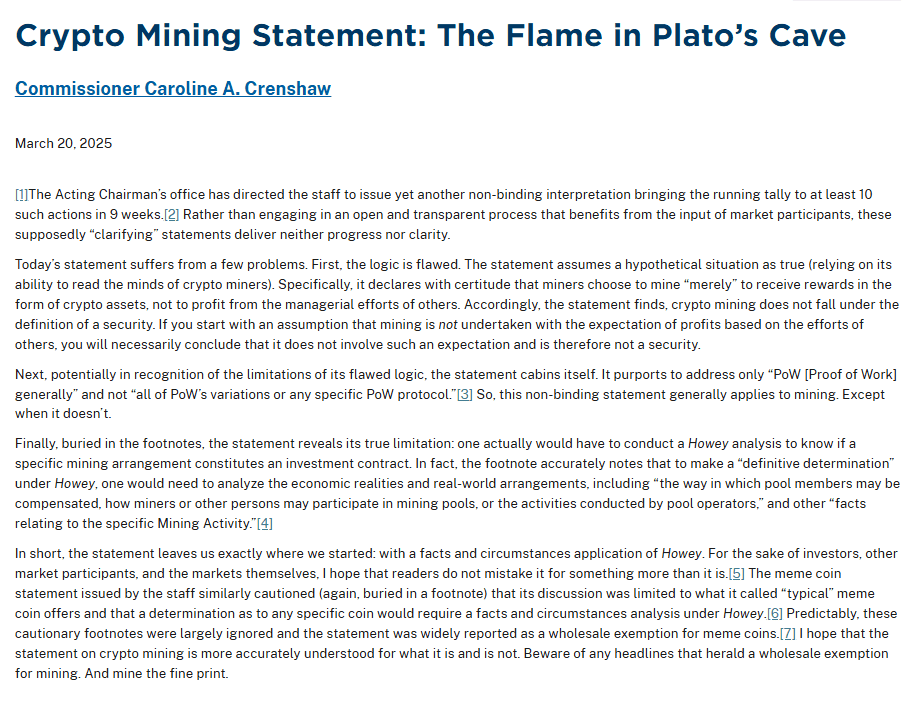 SEC Commissioner Caroline Crenshaw Criticizes Crypto Mining Statement and Regulatory Approach. Source: SEC