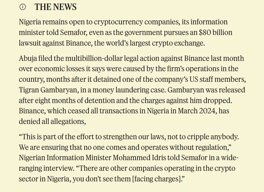 Nigeria’s Ongoing $80B Binance Lawsuit and Crypto Regulations Explained by Minister Mohammed Idris. Source: Semafor