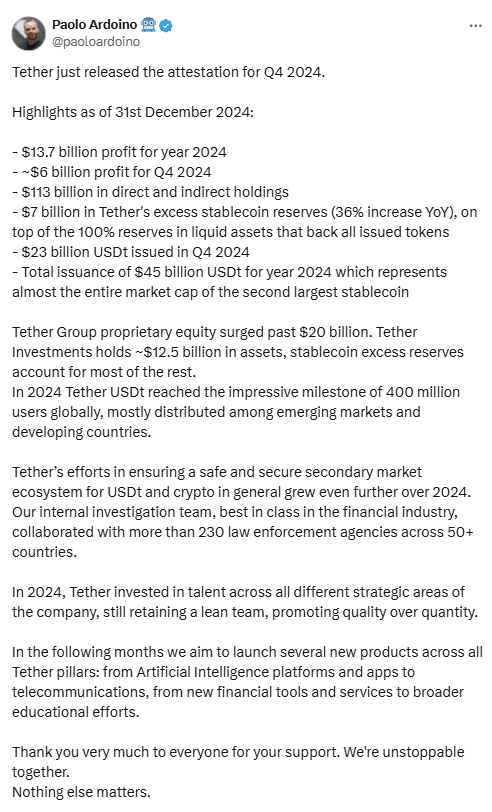 Tether Q4 2024 Attestation Highlights, $13.7B Annual Profit and 400M Global Users Reported. Source: Paolo Ardoino