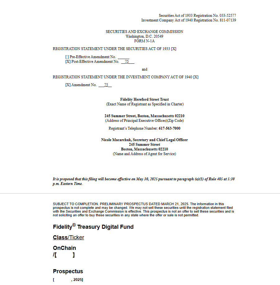 Fidelity Files Ethereum-Based OnChain Treasury Fund Prospectus With SEC for May 2025 Launch. Source: SEC Filing