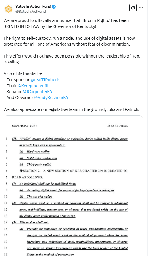 Kentucky’s ‘Bitcoin Rights’ Bill Officially Signed Into Law by Governor Andy Beshear. Source: Satoshi Action Fund